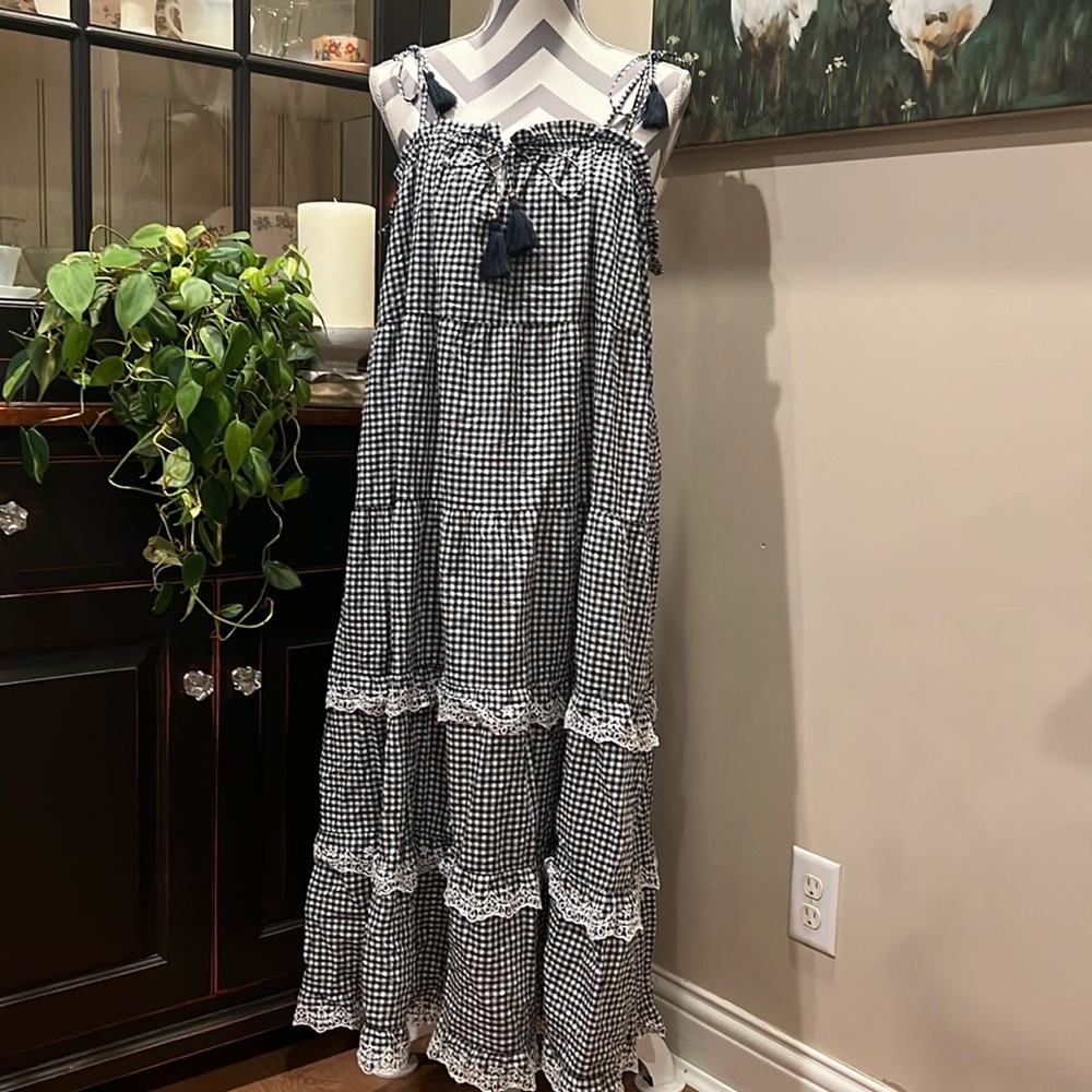 J. Crew Black and White Gingham Maxi Dress with Tassel Straps